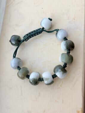 Vintage Chinese Export Strong Adjustable White Green Jade Barrel Beads Bracelet